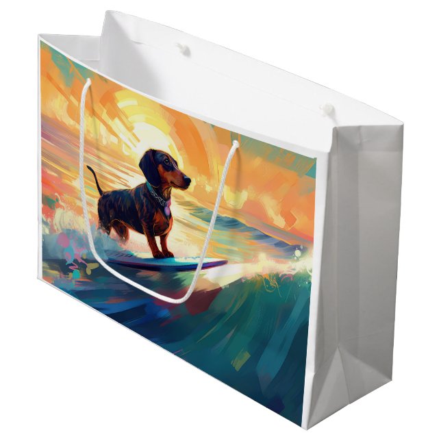 Dachshund Beach Surfing Painting Large Gift Bag (Front Angled)