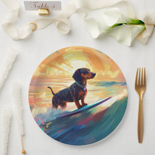 Dachshund Beach Surfing Painting Paper Plate (Wedding)