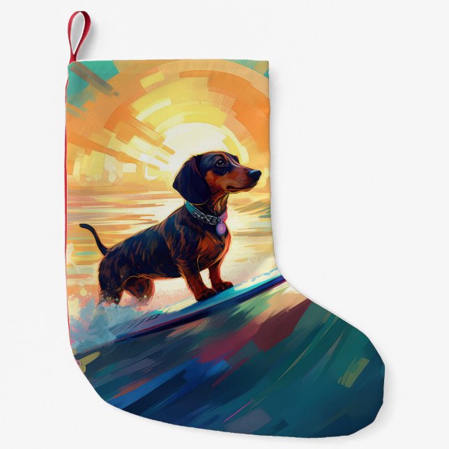 Dachshund Beach Surfing Painting Small Christmas Stocking (Front)