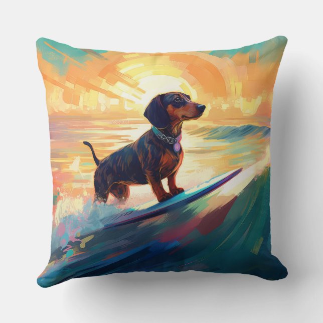 Dachshund Beach Surfing Painting Throw Pillow (Back)