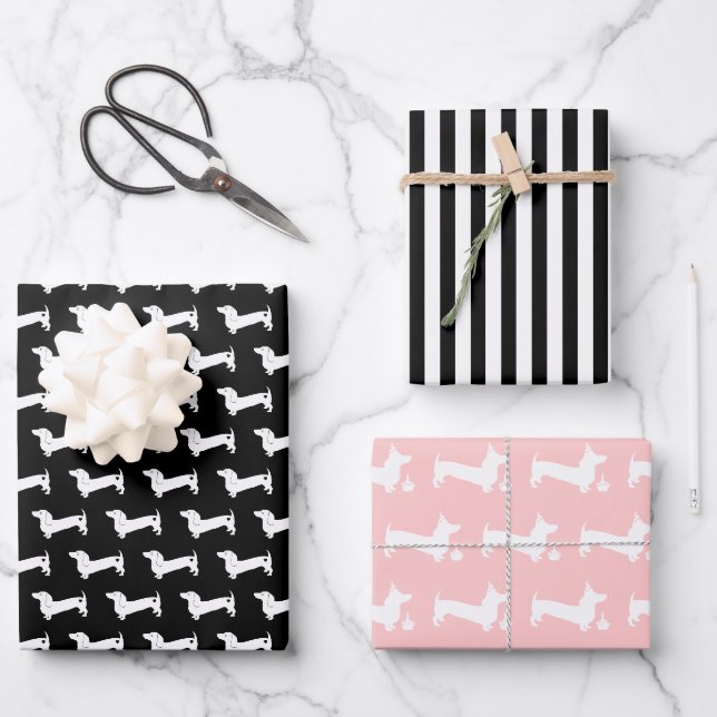 Dachshund Birthday Pink and Black Wrapping Paper Sheet (Front)
