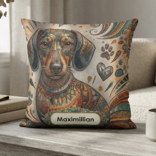 Dachshund Boho Mosaic Teal Bronze Throw Pillow