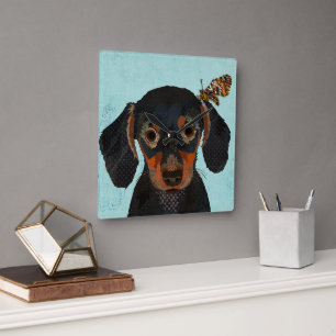 DACHSHUND & BUTTERFLY SQUARE WALL CLOCK