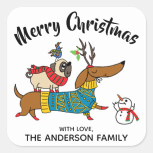 Dachshund, Carlin et Étiquette de Noël des oiseaux