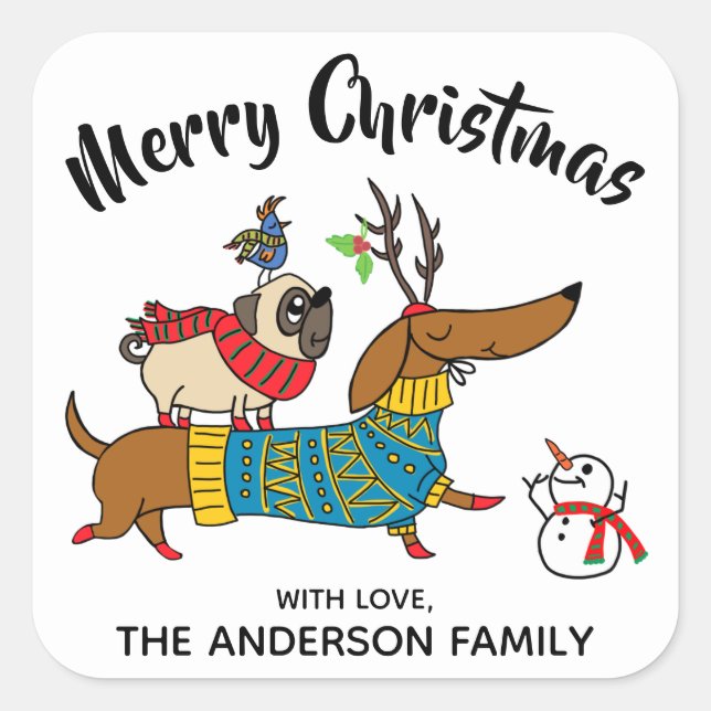 Dachshund, Carlin et Étiquette de Noël des oiseaux (Devant)