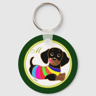 Dachshund Cartoon 2 Monogrammed Keychain