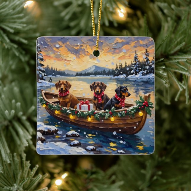 Dachshund Christmas Boat Holiday Ceramic Ornament (Tree)