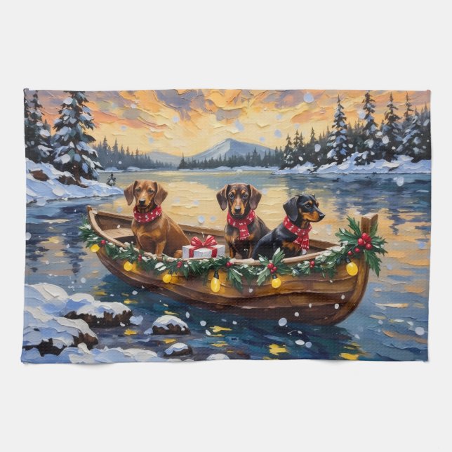 Dachshund Christmas Boat Holiday Kitchen Towel (Horizontal)