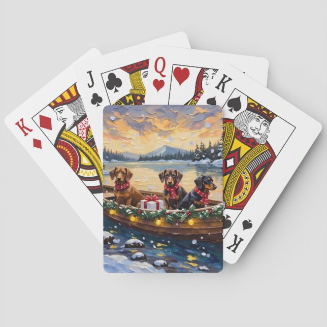 Dachshund Christmas Boat Holiday Playing Cards (Back)