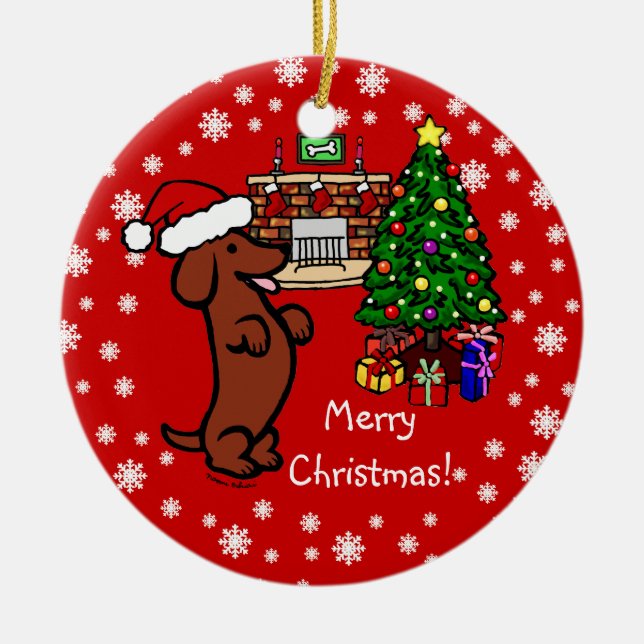 Dachshund Christmas Cartoon Ceramic Ornament (Front)