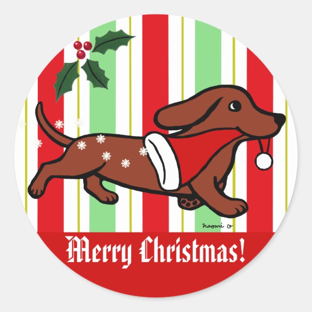 Dachshund Christmas Cartoon Snowflakes Classic Round Sticker (Front)