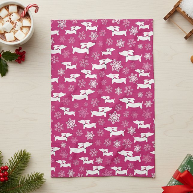 Dachshund Christmas Chef Gift Fuchsia   Kitchen Towel (Dachshund Christmas dish towel - pink)