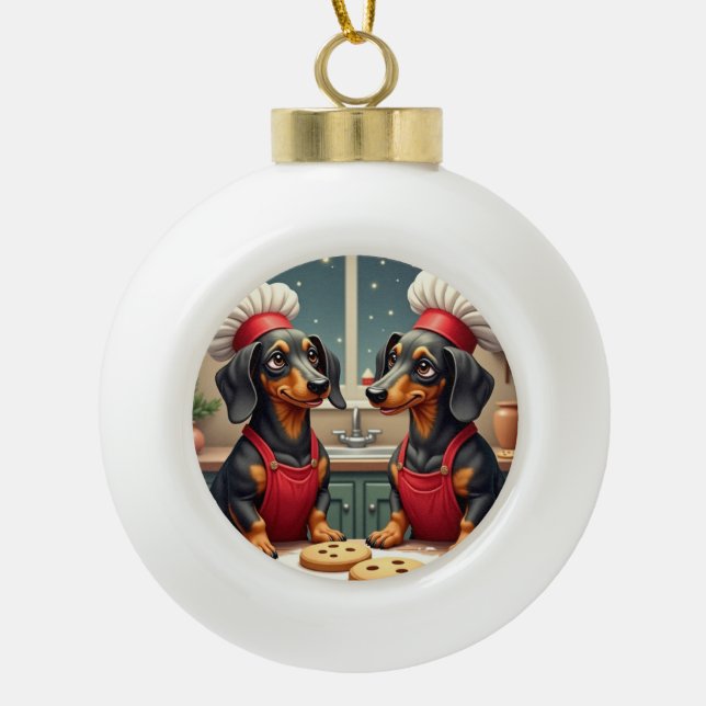 Dachshund Christmas Cookie Bakers Holiday Painting Ceramic Ball Christmas Ornament (Front)