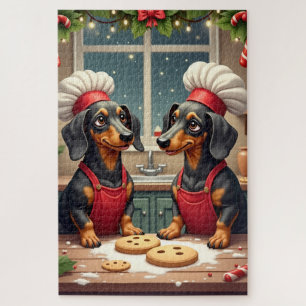 Dachshund Christmas Cookie Bakers Holiday Painting Jigsaw Puzzle