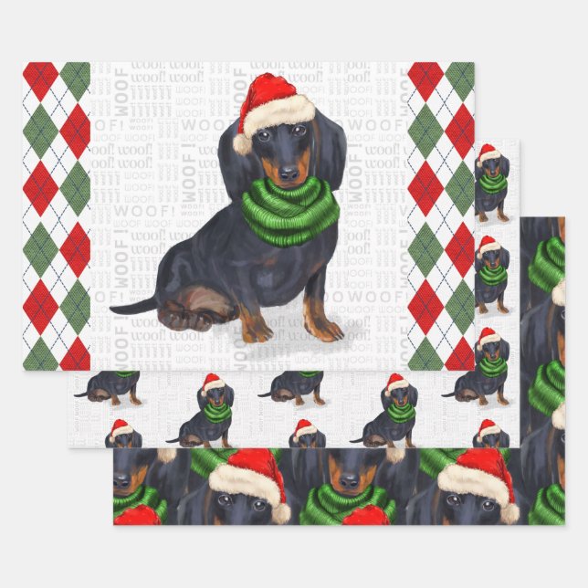 Dachshund Christmas Dog and Plaid Wrapping Paper Sheet (Set)
