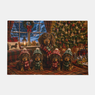 Dachshund Christmas Family with 4 Puppies  Doormat