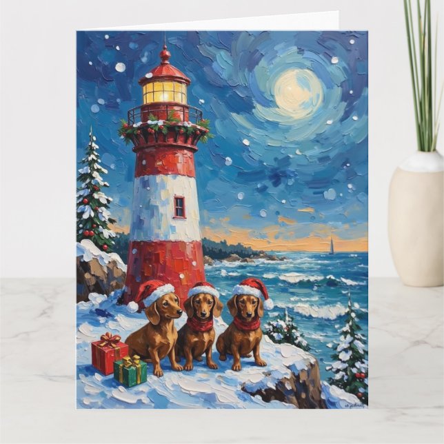 Dachshund Christmas Lighthouse Holiday Card (Front)