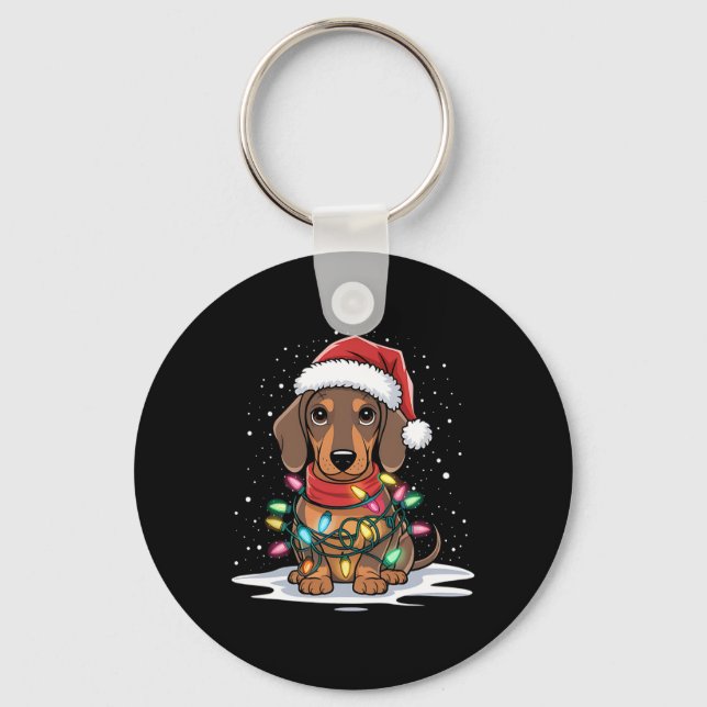 Dachshund Christmas Lights Santa Hat Dog Lover Hol Keychain (Front)