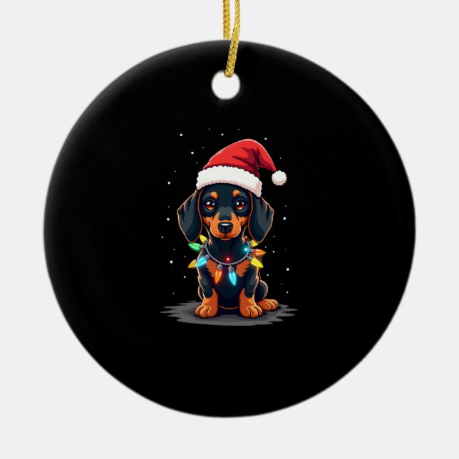 Dachshund Christmas Lights Santa Hat Xmas Dog Love Ceramic Ornament (Front)
