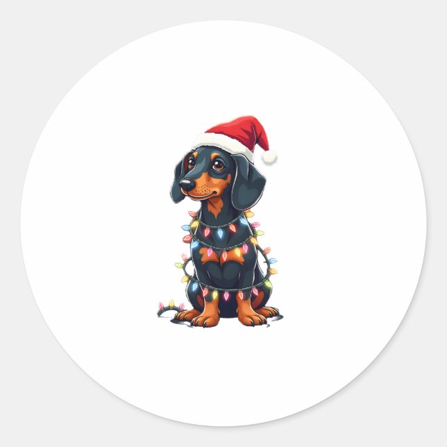 Dachshund Christmas Lights Santa Hat Xmas Dog Love Classic Round Sticker (Front)