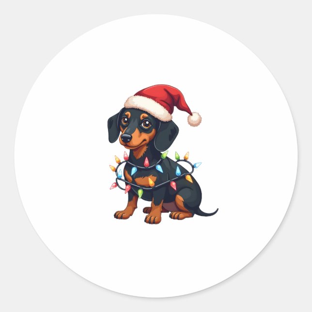 Dachshund Christmas Lights Santa Hat Xmas Dog Love Classic Round Sticker (Front)