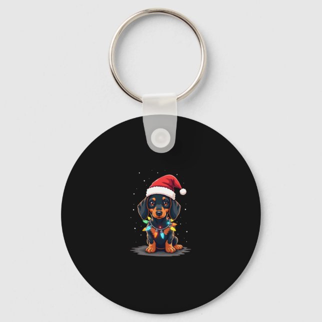 Dachshund Christmas Lights Santa Hat Xmas Dog Love Keychain (Front)