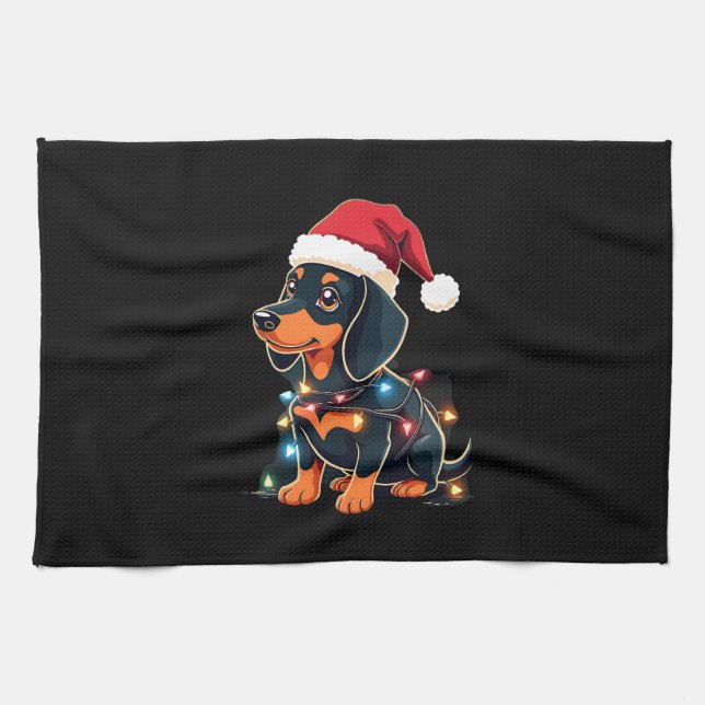 Dachshund Christmas Lights Santa Hat Xmas Dog Love Kitchen Towel (Horizontal)