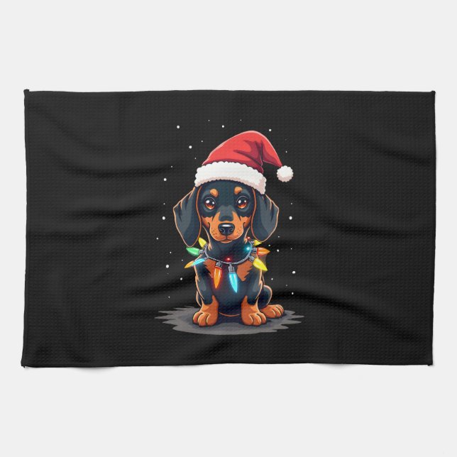 Dachshund Christmas Lights Santa Hat Xmas Dog Love Kitchen Towel (Horizontal)