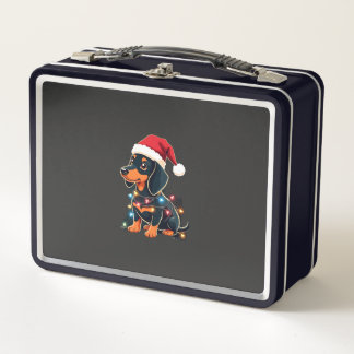 Dachshund Christmas Lights Santa Hat Xmas Dog Love Metal Lunch Box