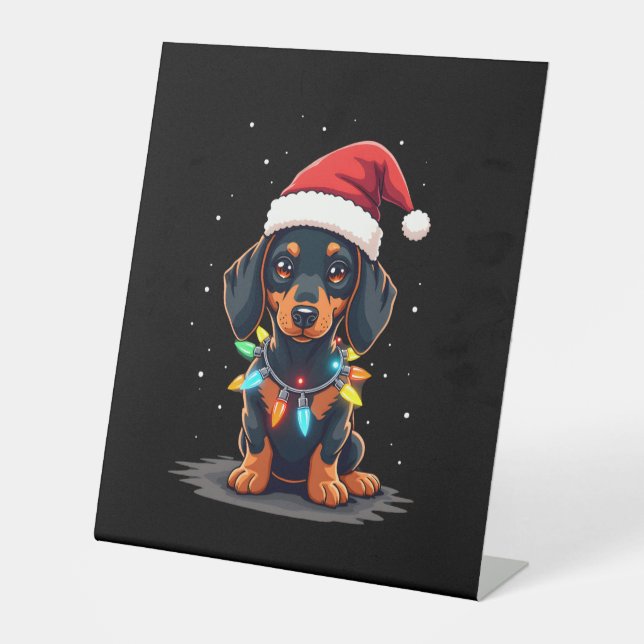 Dachshund Christmas Lights Santa Hat Xmas Dog Love Pedestal Sign (Front)