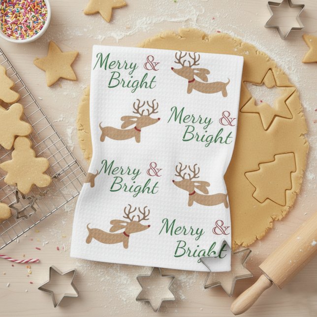 Dachshund Christmas Merry & Bright Dish Towel (Merry & Bright Dachshund Christmas dish towel featuring little dachshunds with reindeer antlers )