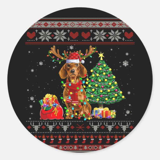 Dachshund Christmas Ornament Cute Dog Santa Hat Classic Round Sticker (Front)