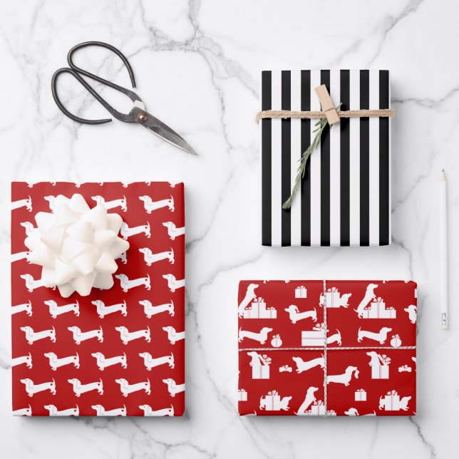 Dachshund Christmas Red and Black Wrapping Paper Sheet (Front)
