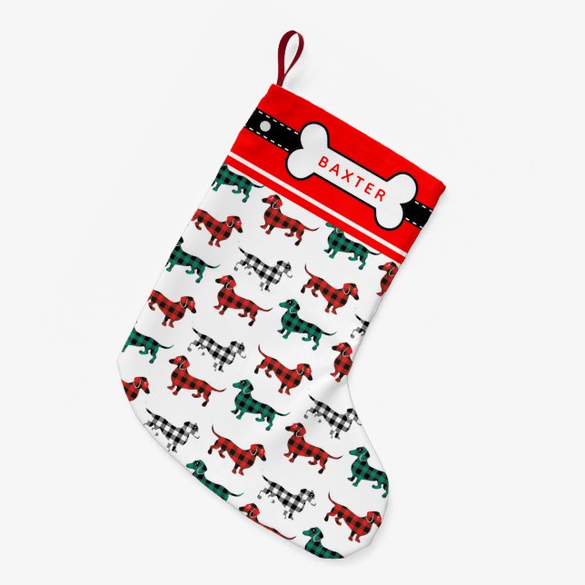 Dachshund Christmas Red Flannel Plaid Doxies Small Christmas Stocking (Front (Hanging))