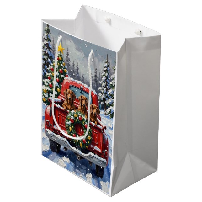 Dachshund Christmas Red Truck Holiday Medium Gift Bag (Front Angled)