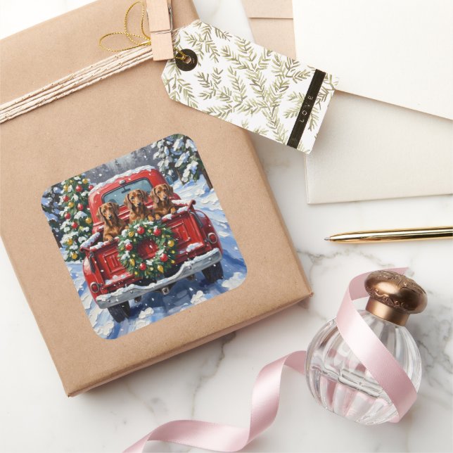Dachshund Christmas Red Truck Holiday Square Sticker (Gifting)