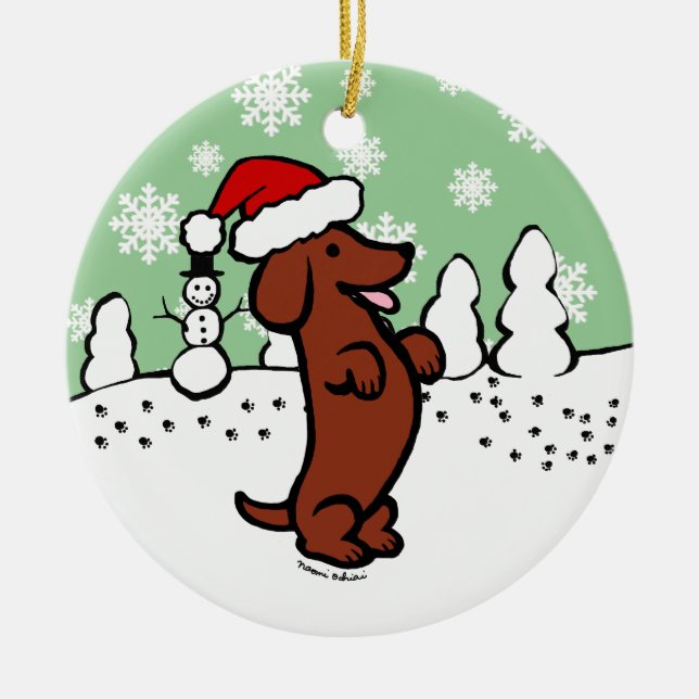 Dachshund Christmas Santa Hat Ceramic Ornament (Front)