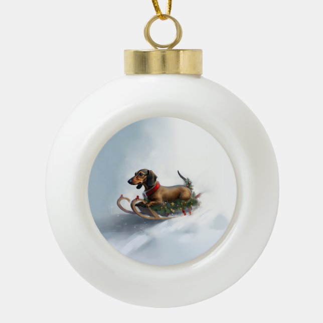 Dachshund Christmas snow winter Ceramic Ball Christmas Ornament (Front)
