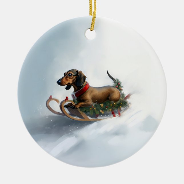 Dachshund Christmas snow winter Ceramic Ornament (Front)