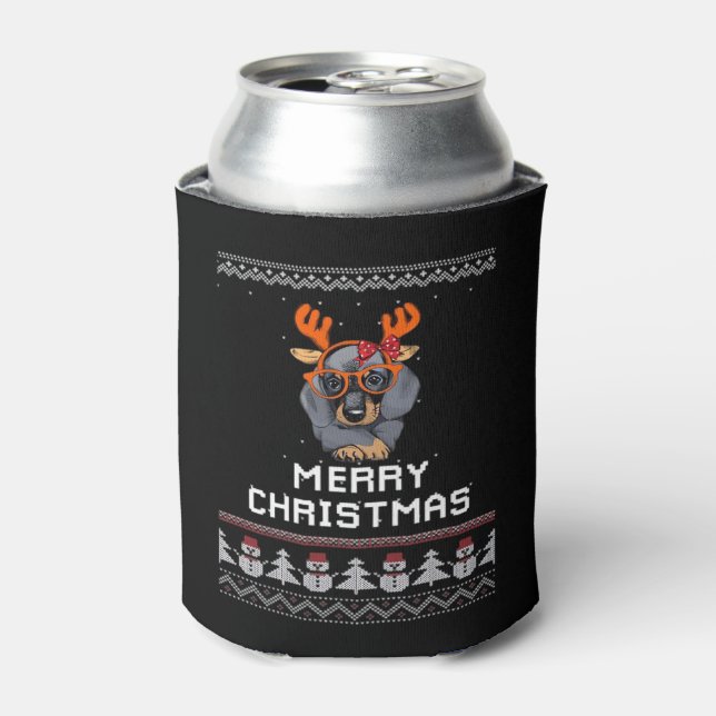 Dachshund Christmas Sweater Oversized T-Shirt Can Cooler (Can Front)