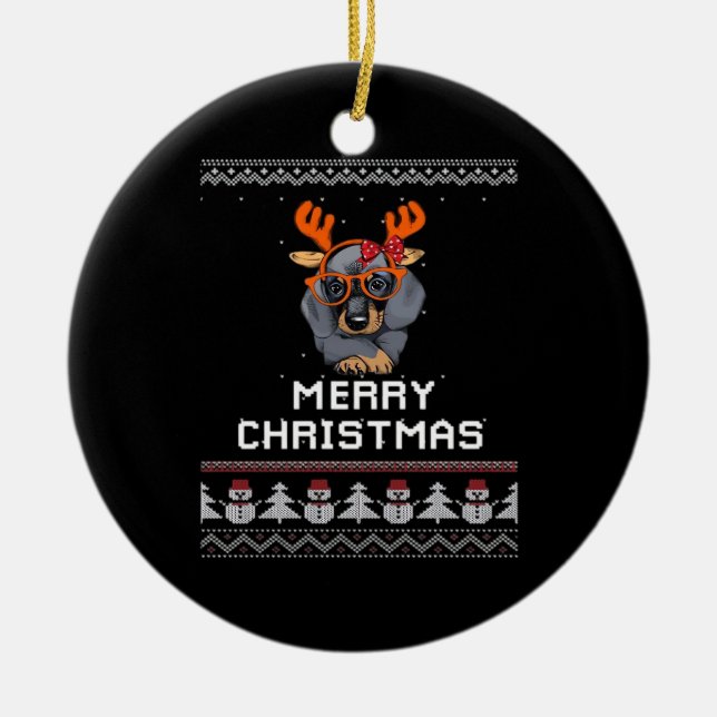 Dachshund Christmas Sweater Oversized T-Shirt Ceramic Ornament (Front)