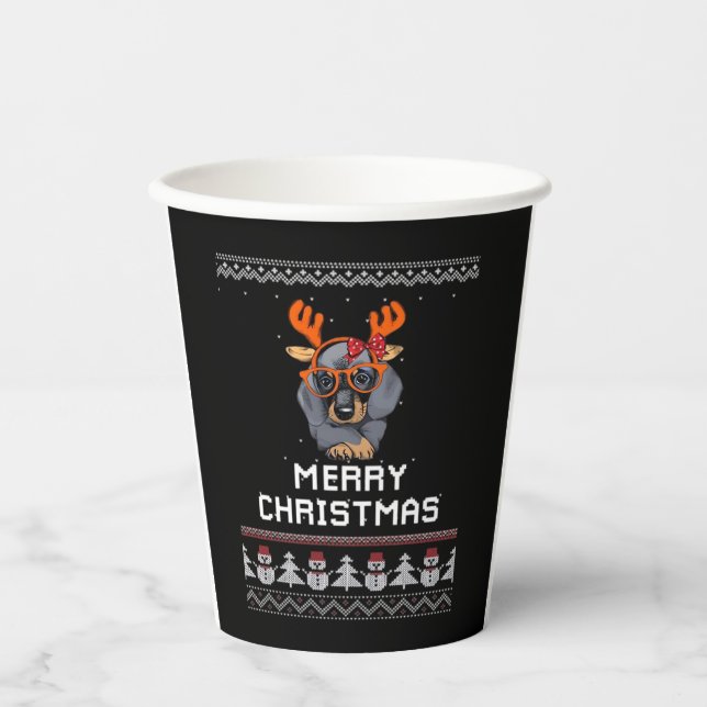 Dachshund Christmas Sweater Oversized T-Shirt Paper Cups (Front)