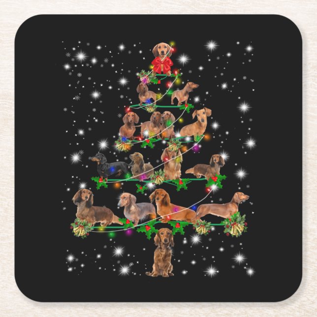 Dachshund Christmas Tree Covered By Flashlight Square Paper Coaster (Front)