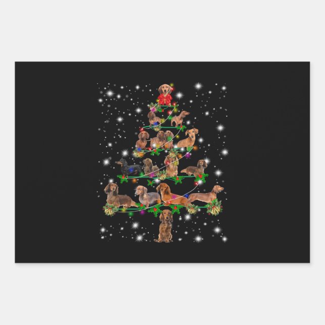 Dachshund Christmas Tree Covered By Flashlight Wrapping Paper Sheet (Front)
