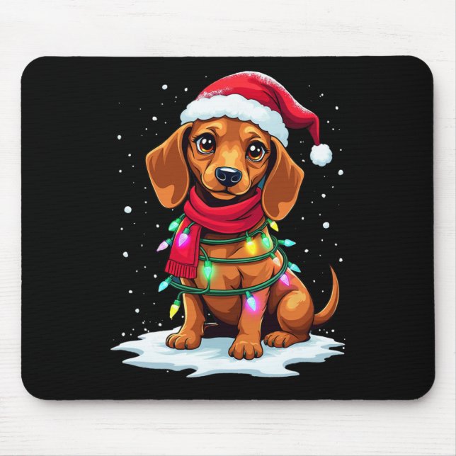 Dachshund Christmas Tree Cute Santa Hat Lights Xma Mouse Pad (Front)
