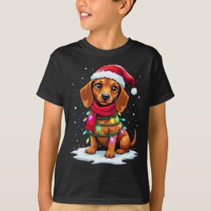 Dachshund Christmas Tree Cute Santa Hat Lights Xma T-Shirt