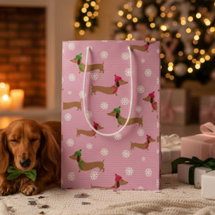 Dachshund Christmas Wrapping Paper Cute Snowflakes Medium Gift Bag