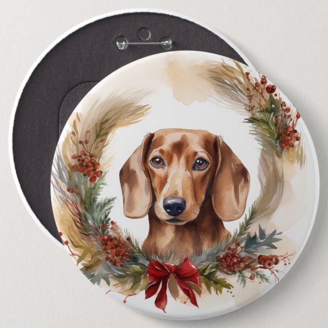 Dachshund Christmas Wreath Festive Pup  6 Inch Round Button (Front & Back)