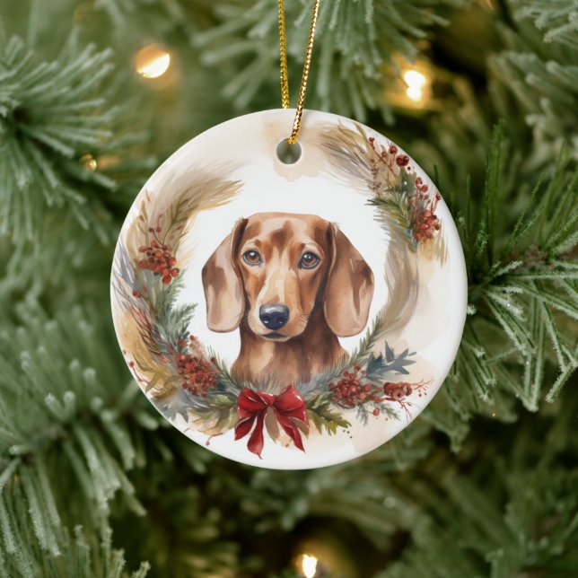 Dachshund Christmas Wreath Festive Pup  Ceramic Ornament (Tree)