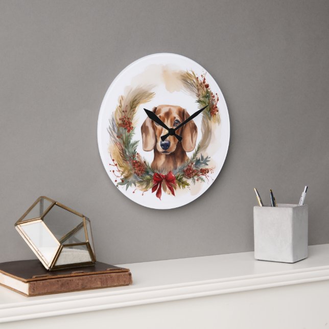 Dachshund Christmas Wreath Festive Pup  Large Clock (Office)